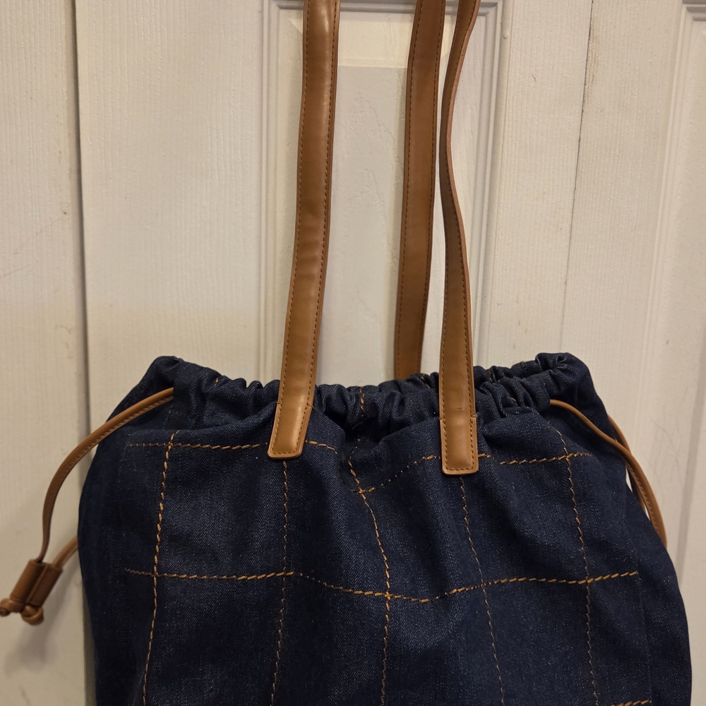 Stylish Kathy Lee Denim Checkered Drawstring Tote Bag with Tan Accents